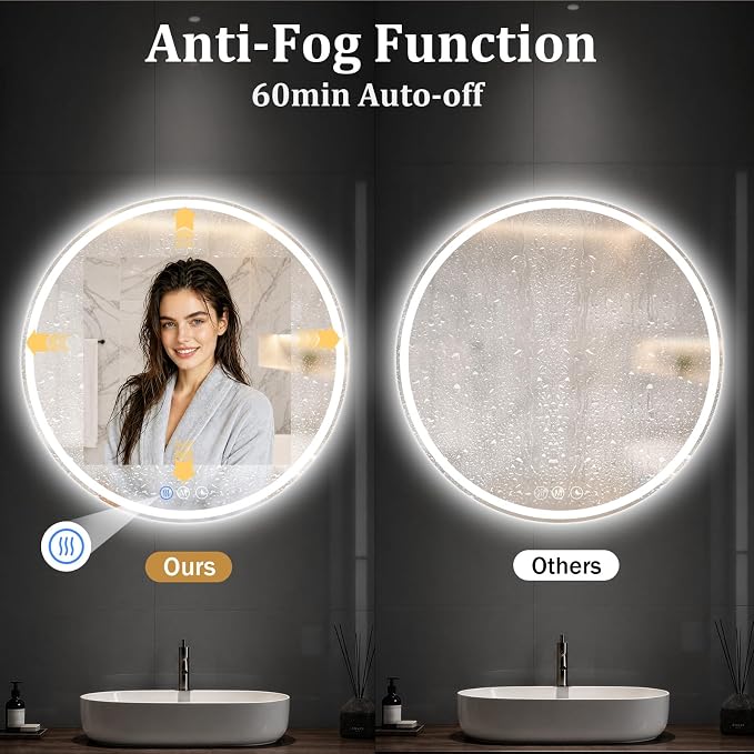 Round LED Bathroom Mirror, 26 Inch, HD Shatterproof Tempered Glass | Lighted Bathroom Mirror with Dimmable Lights Bathroom Mirror with Lights for Wall, 3 Color Temperatures