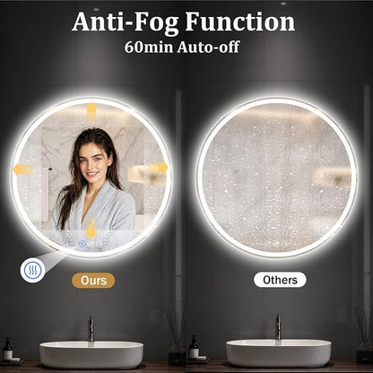 Round LED Bathroom Mirror, 26 Inch, HD Shatterproof Tempered Glass | Lighted Bathroom Mirror with Dimmable Lights Bathroom Mirror with Lights for Wall, 3 Color Temperatures