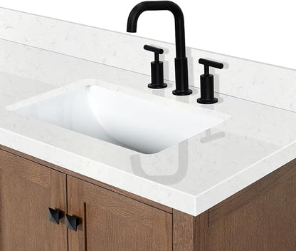 ARIEL Cambridge 60-inch Bathroom Vanity with Sink,Solid Wood, 1.5-inch Carrara White Quartz Countertop, Double Rectangular Porcelain Sink, 4 Soft Closing Doors, 6 Dovetail Drawers, Brown Oak