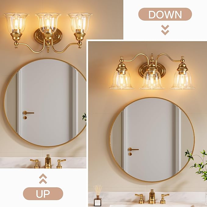 Tribesigns 3-Light Bathroom Light Fixtures, Modern Vanity Light with Clear Glass Shade, Bathroom Wall Lamp for Mirror Living Room Kitchen Hallway Porch, E26 Base, Bulbs Not Included (Gold)
