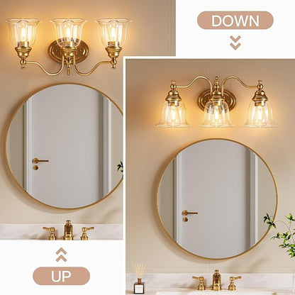 Tribesigns 3-Light Bathroom Light Fixtures, Modern Vanity Light with Clear Glass Shade, Bathroom Wall Lamp for Mirror Living Room Kitchen Hallway Porch, E26 Base, Bulbs Not Included (Gold)