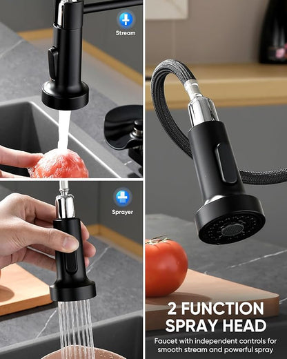 OWOFAN Kitchen Faucet with Cup Washer Pull Down Sprayer Stainless Steel Kitchen Sink Faucet with Deck Plate Glass Rinser Single Hole Black