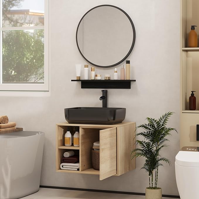 YOURLITE 24" Floating Bathroom Vanity, Wall-Mounted Bathroom Vanity with Mirror, Washroom Cabinet with Door Storage
