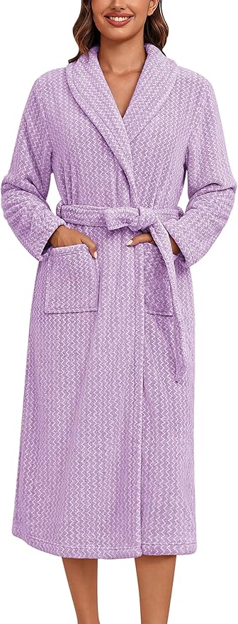 Ekouaer Women's Robe Long Plush Soft Bathrobe Cozy Warm Robes Shawl Collar Sleepwear with Pockets