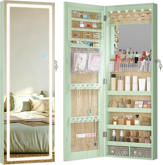 LVSOMT 42.5" Wall Mounted Jewelry Organzier with LED Mirror, Green | Lockable Jewelry Cabinet for 30 Ring Slots, 96 Earring and 20 Necklace Hooks, Gift for Women, Girls