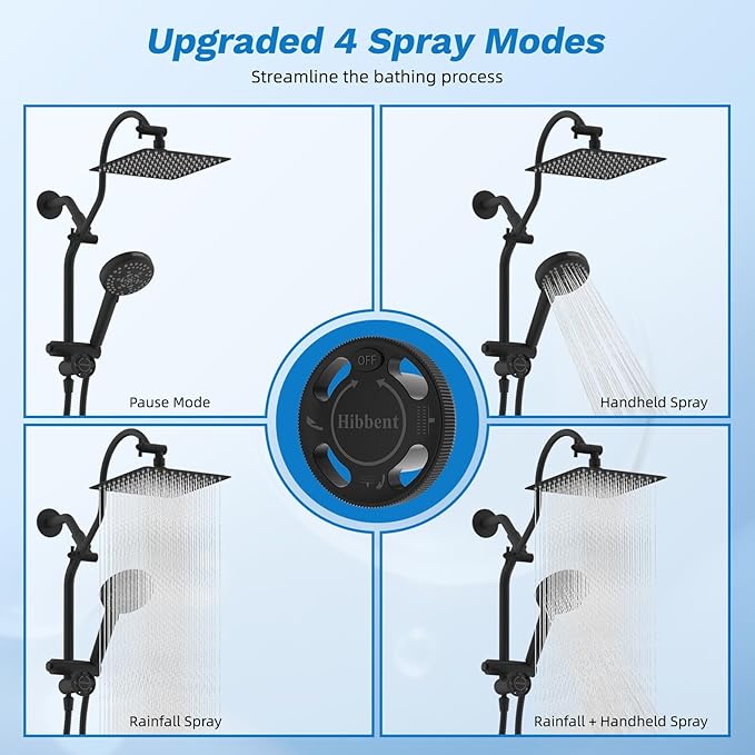 Hibbent High Pressue All Metal 10" Rainfall Shower Head, Handheld 10-Spray | cUPC Certified Matte Black Dual Showerhead Combo, 4-way Diverter with Pause Mode, Brass Extension Arm, 71'' Hose & Holder