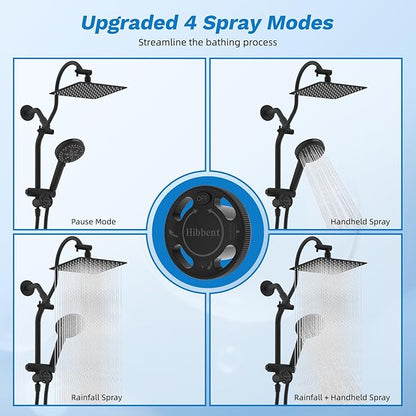Hibbent High Pressue All Metal 10" Rainfall Shower Head, Handheld 10-Spray | cUPC Certified Matte Black Dual Showerhead Combo, 4-way Diverter with Pause Mode, Brass Extension Arm, 71'' Hose & Holder