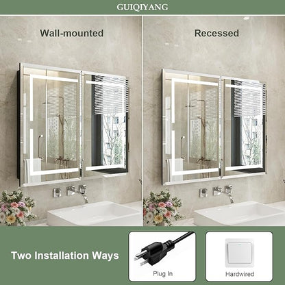 Medicine Cabinet, LED Mirror Cabinet for Bathroom with 3-Color with Mirror Defog, Recessed or Surfaced Wall-Mounted (36X30)
