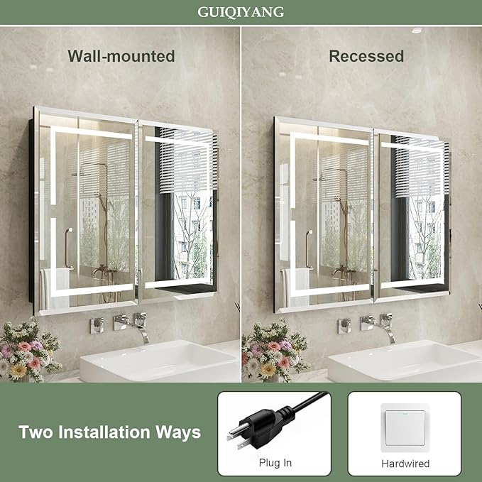 Medicine Cabinet, LED Mirror Cabinet for Bathroom with 3-Color with Mirror Defog, Recessed or Surfaced Wall-Mounted (16X24)