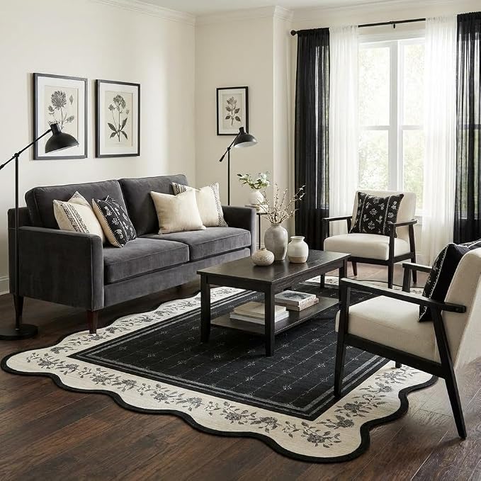 Garvee Washable Rugs for Living Room 8x10 Area Rugs Scalloped Rug Black | Modern Bordered Non Slip Large Kids Bedroom Carpet Indoor Stain Resistant Floor Cover for Bedroom Dining Room Office Nursery