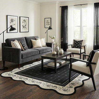 Garvee Washable Rugs for Living Room 8x10 Area Rugs Scalloped Rug Black | Modern Bordered Non Slip Large Kids Bedroom Carpet Indoor Stain Resistant Floor Cover for Bedroom Dining Room Office Nursery