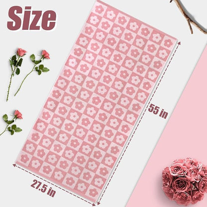 2-Pieces Luxury Bath Towels Checkered Floral, Pink Towels for Women Girls | Shower Body Towel 27.5x55 Inches, Bathroom Decor & Pool Days, Cotton