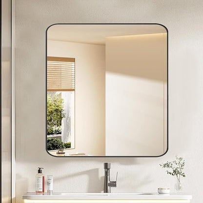 Medicine Cabinet with 24x24 inch Square Mirror, Stainless Steel Black Frame, Bathroom Wall Cabinet with Removable Glass Shelves, Recessed & Surface, Waterproof Bathroom Storage Cabinet