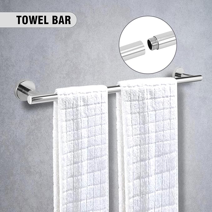 5 Piece Modern Style Wall Mounted Bathroom Hardware Set | #304 Stainless Steel, 24" Towel Bar Mount, Towel Rings, L Shape Toilet Paper Holder, Bathrobe Hook (Chrome)