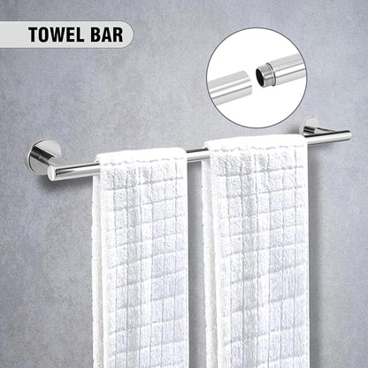 5 Piece Modern Style Wall Mounted Bathroom Hardware Set | #304 Stainless Steel, 24" Towel Bar Mount, Towel Rings, 2 Pillar Toilet Paper Holder, Bathrobe Hook (Chrome)