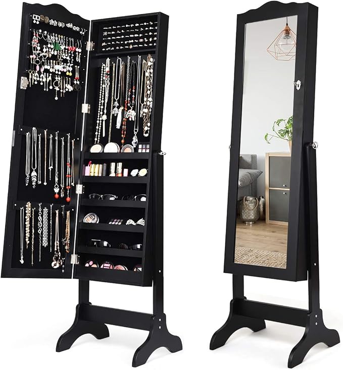 GIANTEX Jewelry Armoire with Full Length Mirror, Lockable Standing Jewelry Cabinet, Mirror with Jewelry Storage, Ring Earring Necklace Makeup Display, Jewelry Organizer Box for Women Girls, Black