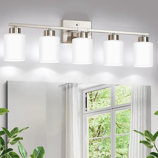 Brushed Nickel Bathroom Light Fixtures, 5-Light Modern Vanity Lights with Milky White Frosted Glass Shades, Wall Sconces for Mirror, Bathroom, Restroom (E26 Socket)