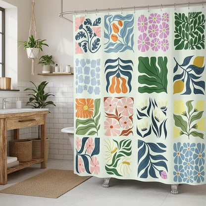 JAWO Retro Shower Curtain Vintage Abstract Boho Floral Shower Curtains for Bathroom Decor Green Teal Botanical Geometric Groovy Aesthetic Pattern Shower Curtain Sets with Hooks, 70X70IN
