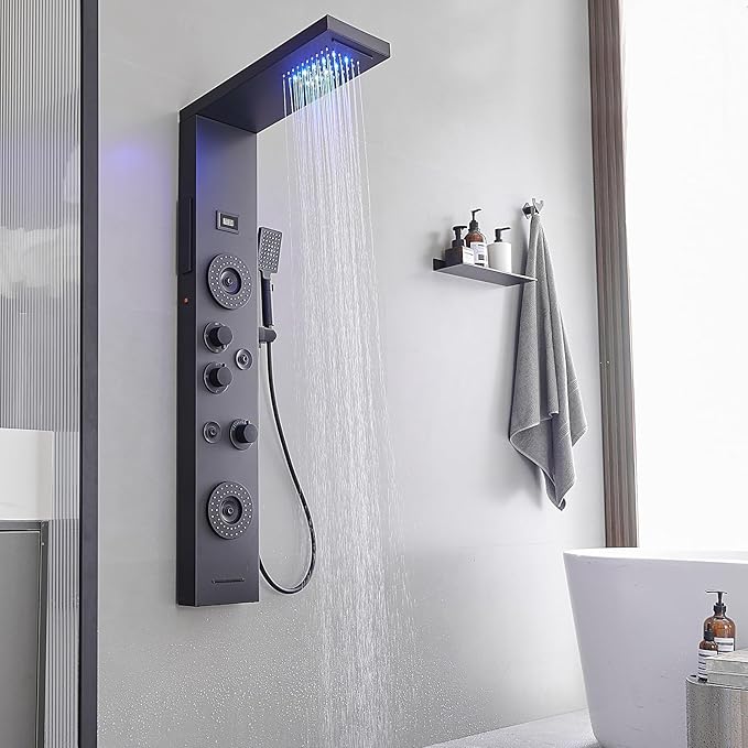 Shower Panel LED Rainfall Waterfall Shower Head Light Bathroom Shower Panel Tower System Rain Massage 6-Functions with Handheld Shower Tub Spout Body Jet Temperature Display Wall Mount