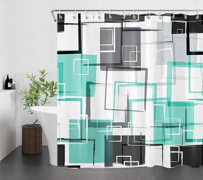 Teal Geometric Shower Curtain with Hooks Mid Century Modern Neutral Geometric Fabric Shower Curtain Modern Design Teal and Grey Pattern Abstract Bathroom Curtains Shower Set, 72Lx72W inches