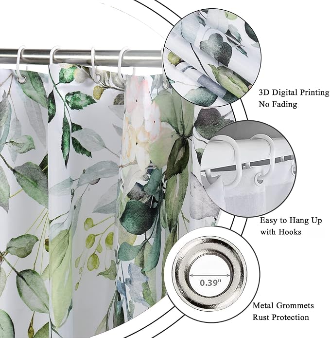 Eucalyptus Shower Curtain, Watercolor Green Leaves on The Top Plant with Floral Bathroom Curtain Bathtub Home Decor Waterproof Fabric Machine Washable with 12 Hooks