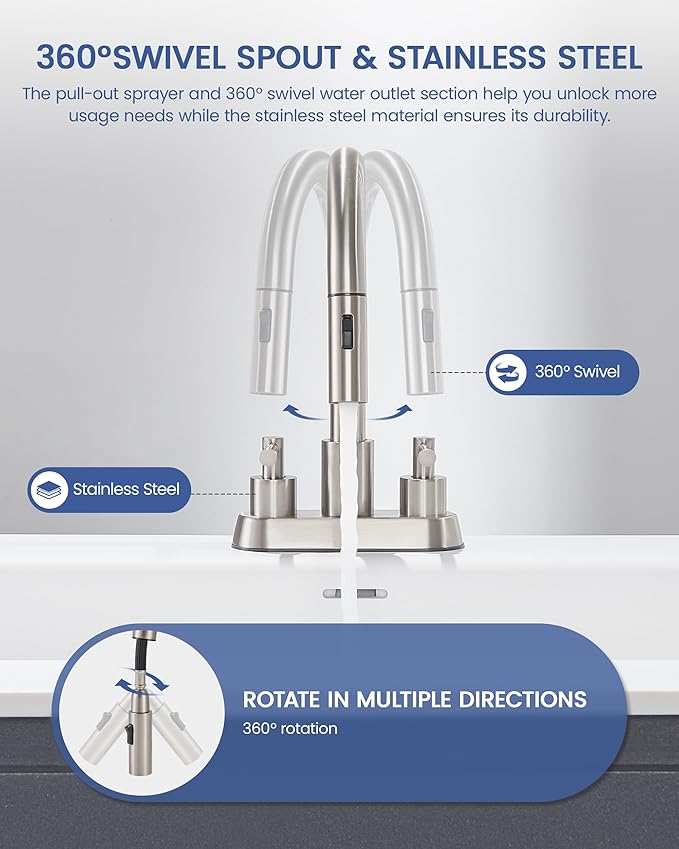Bathroom Sink Faucet with Pull Out Sprayer 2 Handles, Brushed Nickel Pull Down Bathroom Faucet 3 Holes, 4 Inch Sink Faucet Bathroom, 360 Degree Swivel Spout, Pop Up Drain Assembly Included