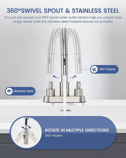 Bathroom Sink Faucet with Pull Out Sprayer 2 Handles, Brushed Nickel Pull Down Bathroom Faucet 3 Holes, 4 Inch Sink Faucet Bathroom, 360 Degree Swivel Spout, Pop Up Drain Assembly Included