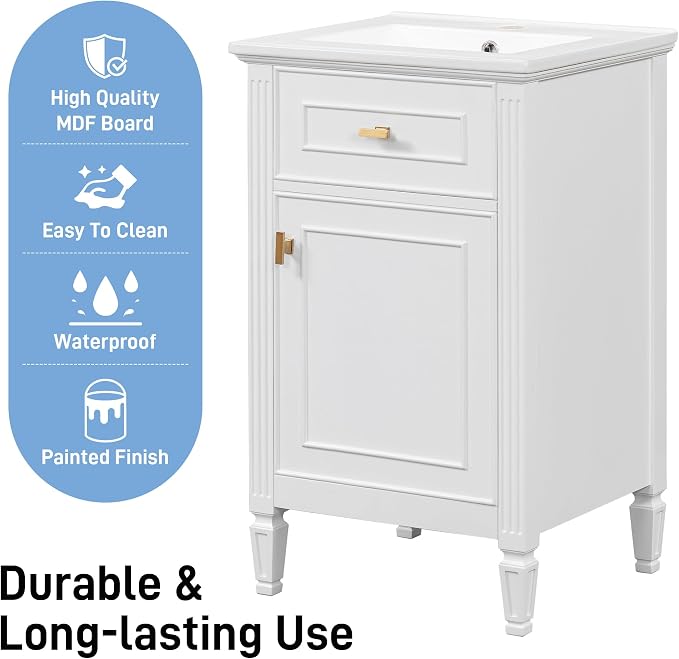 20 Inch Small Bathroom Vanity with Sink, Vanity Cabinet with Tip-Out Drawer and Door Rack Organizer, Adjustable Shelf, White