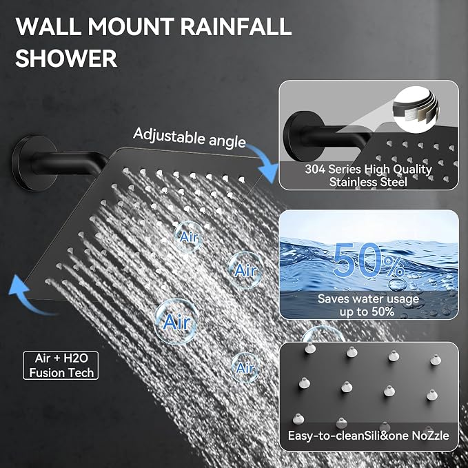 Shower System with Body Jets, Bostingner Four Modes Shower Faucet 12+6" Rain Shower Head with Handheld Spray 2 Ways, 4Pcs Shower Jets System in Wall Shower Faucet Sets Complete, Matte Black