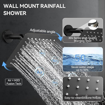 Shower System with Body Jets, Bostingner Four Modes Shower Faucet 12+6" Rain Shower Head with Handheld Spray 2 Ways, 4Pcs Shower Jets System in Wall Shower Faucet Sets Complete, Matte Black