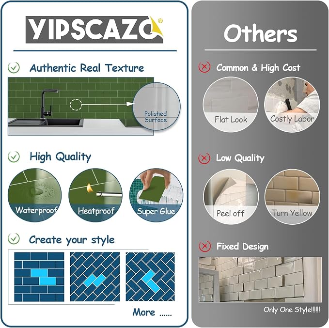 Yipscazo 2025 New Upgrade Peel and Stick backsplash 3 x 6 Inches 3D PVC Composite Wall Tile Stick on Backsplash Tile for Kitchen Bathroom, Laundry Room, Fireplace(Polished Marble Green, 100 Pieces)