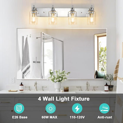 4-Light Bathroom Light Fixtures Modern Chrome Vanity Lights for Bathroom Lighting Fixtures Over Mirror for Cabinet Mirror Bedroom Hallway