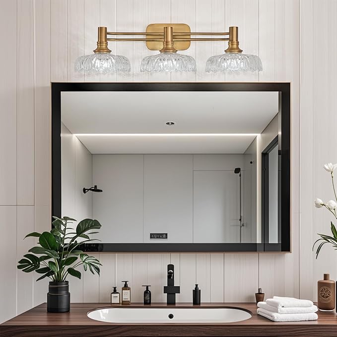 3-Light Bathroom Vanity Light Fixtures Vintage Brass Wall Light Fixtures Vanity Lights Over Mirror for Bedroom Living Room Bathroom