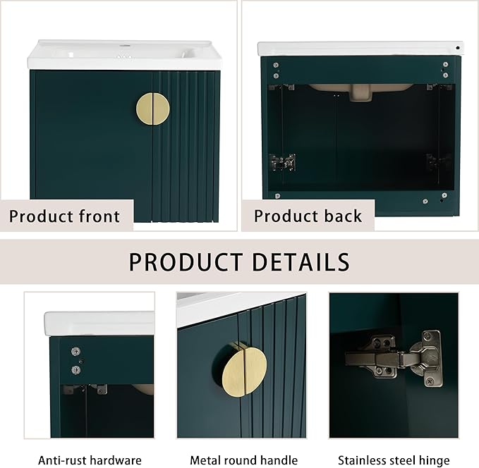 SSLine 24" Wall-Mount Bathroom Vanity Modern Floating Bathroom Vanity Set with Ceramic Sink Basin & Storage Cabinet 24-Inch Luxury Green Small Bathroom Vanities with Round Metal Handles