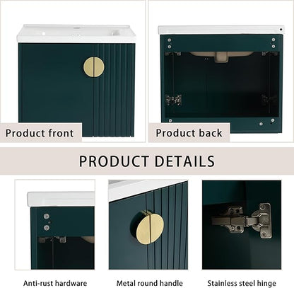 SSLine 24" Wall-Mount Bathroom Vanity Modern Floating Bathroom Vanity Set with Ceramic Sink Basin & Storage Cabinet 24-Inch Luxury Green Small Bathroom Vanities with Round Metal Handles