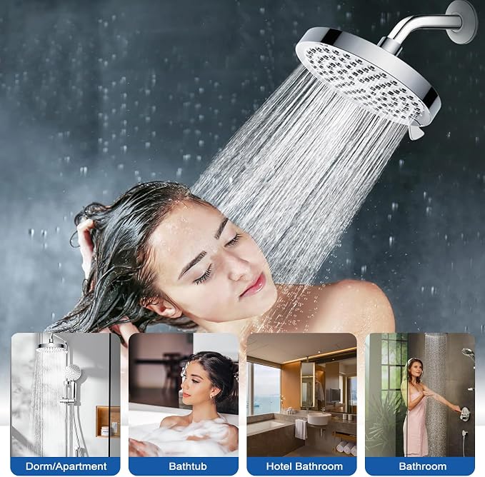 High Pressure Shower Head 7-Setting 6" Fixed Rain for Low Flow | 360° adjustable ball joint, ABS lightweight, low water pressure, easy install without tools, ideal for dorm/apartment/renter