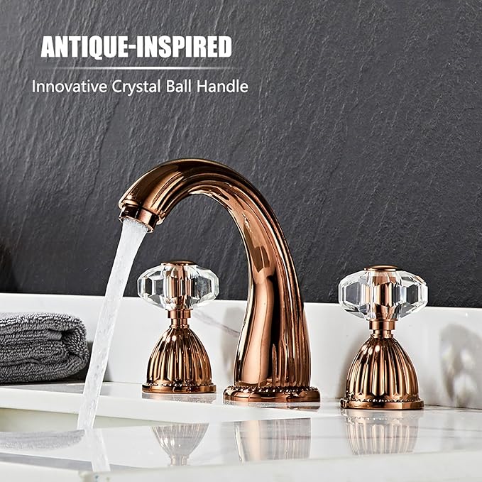 Wovier Rose Gold Widespread Bathroom Sink Faucet,Two Handle Three Hole Brass Lavatory Vanity Faucet,8-16 Inch Basin Mixer Tap with Pop Up Drain Assembly