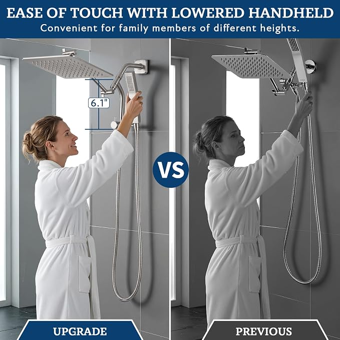 G-Promise Metal Shower Diverter with Low Handheld Holder (Brushed Nickel) | 6 Inch Downward-Extend Bracket for All Heights, 4 Spray Modes with Pause Mode, Anti-Leak, Easy Install, Universal Replacement