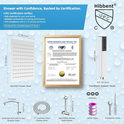 Hibbent All Metal CUPC Certified 8'' Rainfall Shower Head, Dual Shower Head Combo with 4 Handheld Sprays, High Pressure Shower Wand, 16'' Adjustable Extension Arm, 71'' Hose, Shower Holder, Chrome