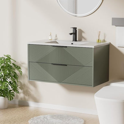 LUCKWIND 36" Floating Bathroom Vanity with Sink Combo, Wall Mounted Floating Cabinet with 2 Large Soft-Close Drawers & Water Saving Faucet, Geometric Textured Design in Green
