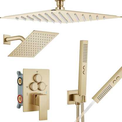 Aolemi Ceiling Shower Faucet Set System Dual Head 16&6 Inch Brushed Gold | 2 in 1 Handheld Spray,Shower Valve and Trim Kit,Push Button Diverter, 16"Top+6" Wall Rain Head,Bathroom Mixer for Couple