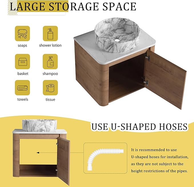 LKTART 24 Inch Floating Bathroom Vanity with Sink, Modern Wall Mounted Bathroom with Soft Close Door, Stone Round Ceramic Basin and Sintered Stone Top