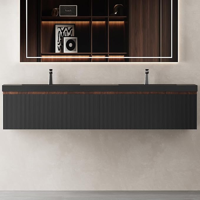 72'' Floating Bathroom Vanity with Sink Combo, Modern Wall-Mounted Striped Bathroom Storage Cabinet with Soft-Close Drawer and Double Quartz Sand Basins, No Assembly Required