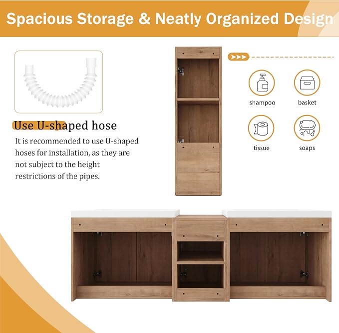 60'' Floating Bathroom Vanity with Double Sink, and 1 Side Cabinet, Brown | Double Sink Combo with 12" Side Cabinet, Plywood Cabinet, Resin Basin, Ample Storage, Soft-close Hinge, Assembly Required