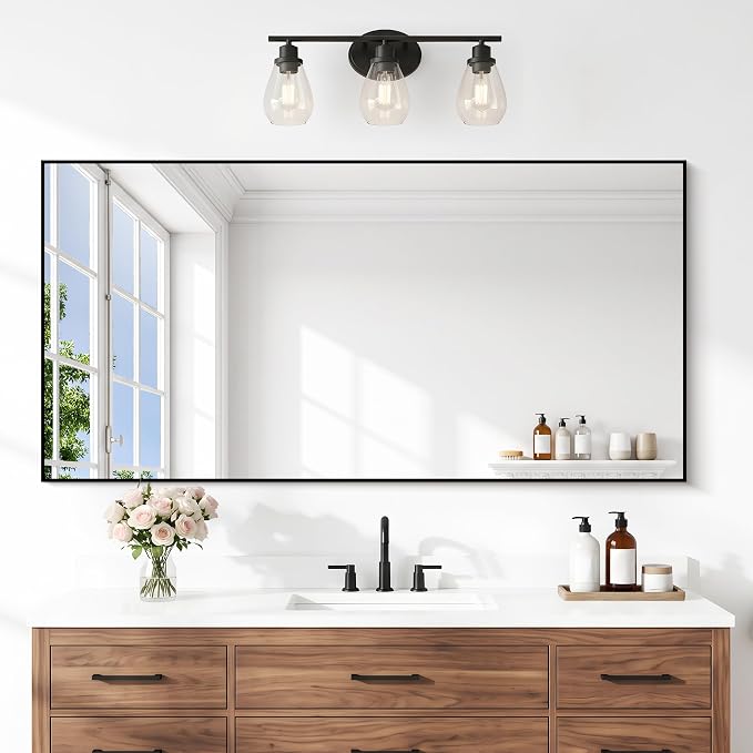 DESBING Black Bathroom Mirror for Wall, 24x48 Inch Rectangle Mirrors with Metal Frame, Modern Vanity Wall Mirror Decor for Entryway Hangs, Bathroom Living Room Horizontal or Vertical