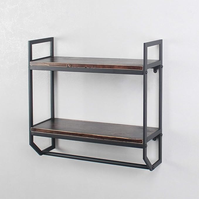 2-Tier Metal Industrial 23.6" Bathroom Shelves Wall Mounted,Rustic Wall Shelf Over Toilet,Towel Rack with Towel Bar,Utility Storage Shelf Rack, Floating Shelves Towel Holder,Retro Black