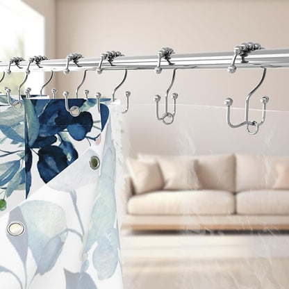 3 in 1 Shower Curtain Set, Watercolor Eucalyptus, Blue | Polyester Bath Curtain with Magnetic PEVA Liner and 12 Double Sided Stainless Steel Hooks 72x72 Inches