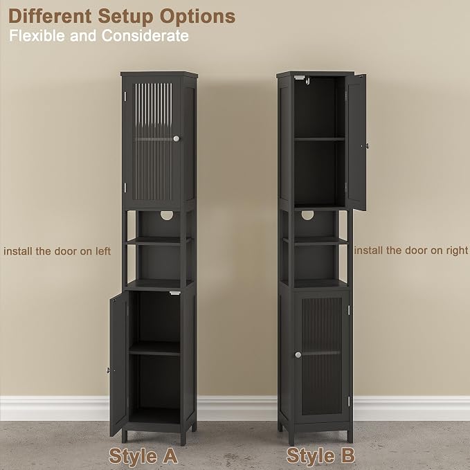 ChooChoo Narrow Bathroom Storage Cabinet with Light， Space Saving | Space Saving,Tall Bathroom Storage Cabinet, 5-Tier, 2 Doors, Slim, Freestanding, Adjustable Shelves, Black