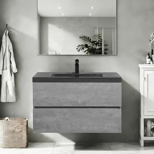 Floating Vanity Bathroom, 36 Inch Bathroom Vanity with Sink, Wall Mounted Single Sink Bathroom Vanity, Soft Closed 2 Drawers, Integrated Sink (Dark Birch)