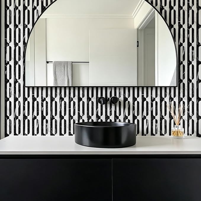STICKGOO Peel and Stick Backsplash Tiles 12"x12", Waterproof Stick on Kitchen & Bathroom Backsplash, PVC Self Adhesive Wall Tiles for Fireplace, White/Marble Black (10 Sheets)